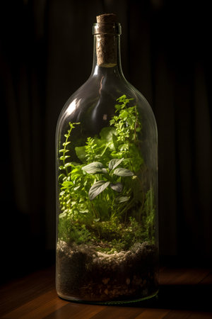 Bottle with green plants inside. Fairytale background. Generated AI content.の素材