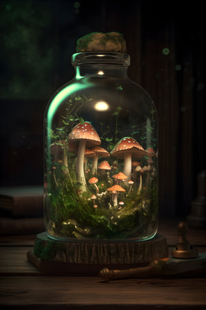 Mystery bottle with mushrooms inside. Fairytale background. Generated AI content.の素材