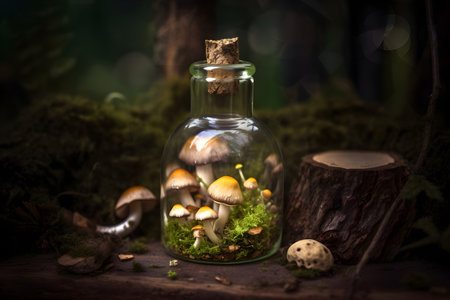 Close-up magical bottle with glowing mushrooms inside. Fairytale background. Generated AI content.の素材