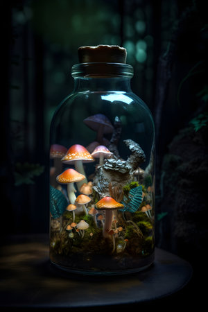 Bottle with glowing mushrooms inside. Fairytale background. Generated AI content.の素材