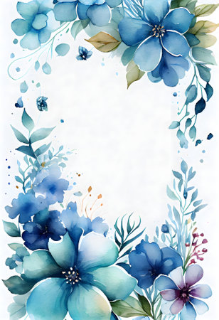 Watercolor floral stationery illustration - blue spring flowers with borders on a white background. Watercolor spring flowers postcard. Generative AI content.の素材