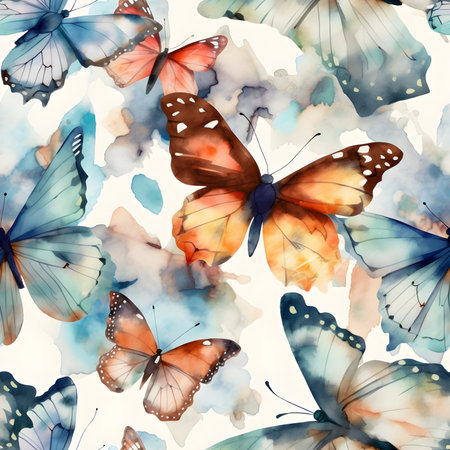 Seamless watercolor pattern with butterflies. Floral illustration background. Generated AI content.の素材