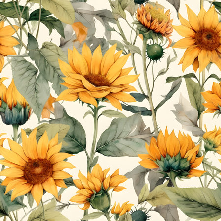 Seamless watercolor pattern with sunflowers. Floral illustration background. Generated AI content.の素材