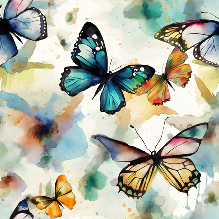 Seamless watercolor pattern with butterflies and colorful spots. Floral illustration background. Generated AI content.の素材