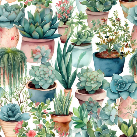Seamless watercolor pattern with succulent flowers. Floral illustration background. Generated AI content.の素材