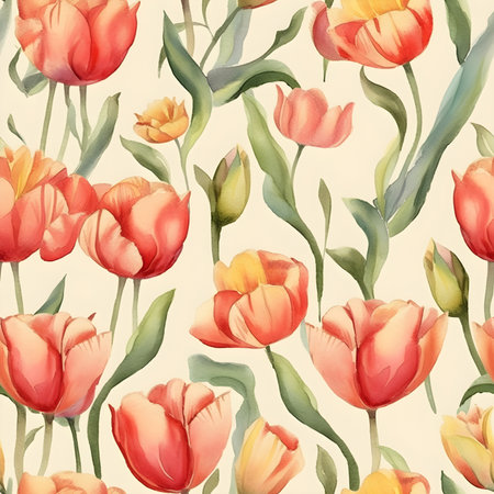 Seamless watercolor pattern with tulip flowers. Floral illustration background. Generated AI content.の素材
