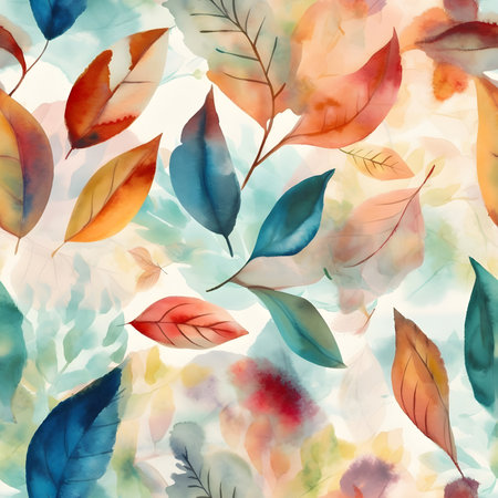 Seamless watercolor pattern with colorful leaves. Floral illustration background. Generated AI content.の素材