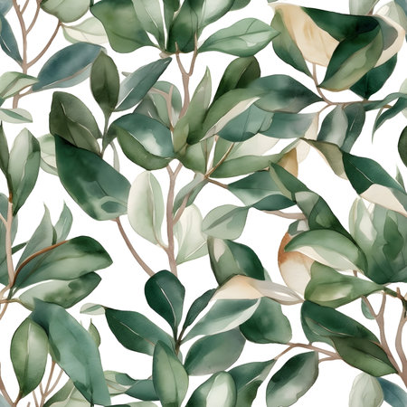 Seamless watercolor pattern with ficus leaves. Floral illustration background. Generated AI content.の素材