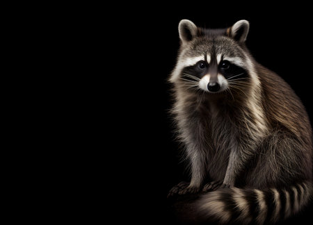 Portrait of a raccoon full body on a black background with space for text. Generated AI content.の素材