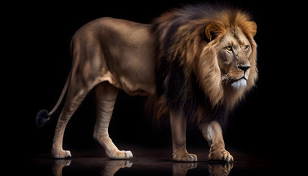 Beautiful lion on a black background. Generated AI content.の素材
