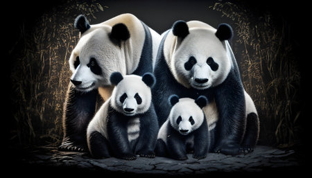Family of cute pandas on a black background. Generated AI content.の素材