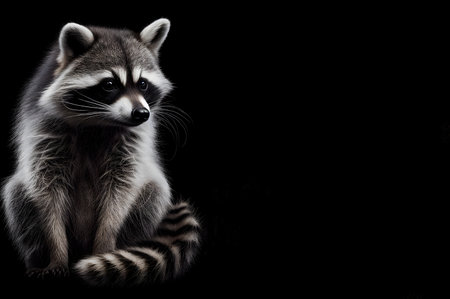 Raccoon on a black background with copy-space. Generated AI content.の素材