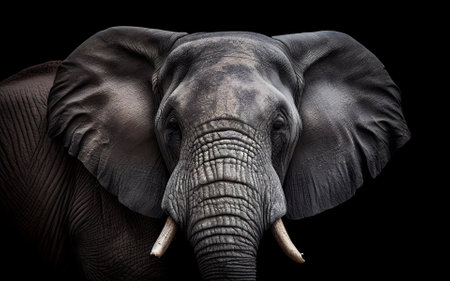 Close-up portrait of an elephant on a black background. Generated AI content.の素材