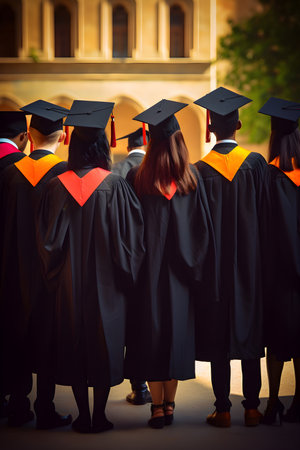Education theme concept. Back view of Graduates. Generated AI content.の素材