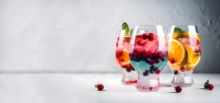 Three colorful summer cocktails with ice on a grey background with space for text. Summer refreshing drink concept. Generated AI content.の素材