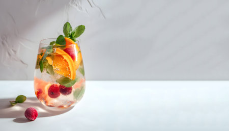 Non-alcoholic summer cocktail in glass on a grey background with space for text. Summer refreshing drink concept. Generated AI content.の素材
