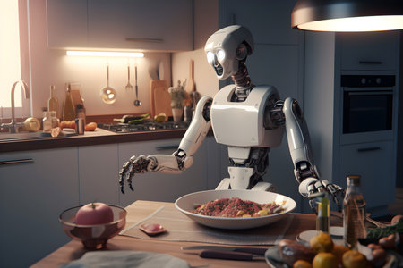 Robot domestic assistance making dinner at the kitchen. Artificial intelligence helping people with housework. Futuristic concept. Generated AI content.の素材