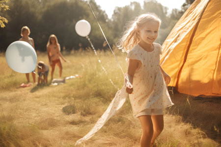 Happy joyful girl running in forest on a sunny summer day. Excited children having fun during camping activity in nature. Generated AI content.の素材