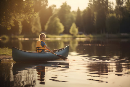 Teenage girl swimming in a kayak on a lake on a summer day. Generated AI content.の素材
