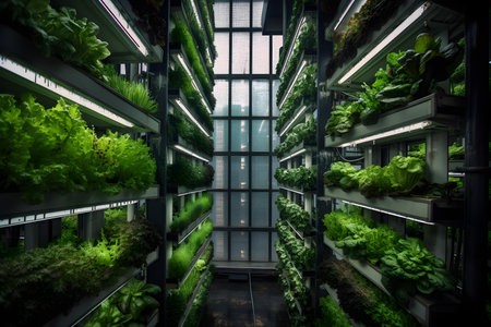 Illustration of the modern indoors vertical greenery garden. Sustainable system concept. Generative AI content.の素材