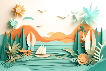 Illustration of a summer beach with yacht in the sea in paper cut art style. Generated AI contentの素材