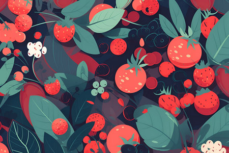 Summer illustration with fruits and berries in flat style design. Generative AI content.の素材