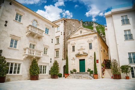 Catholic church of Saint apostle Mark on the square of historical town Perast, Montenegroの写真素材
