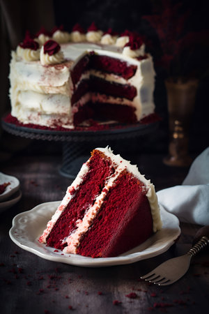 Delicious baked dessert Red velvet cake with tasty cream. Generated AI content.の素材