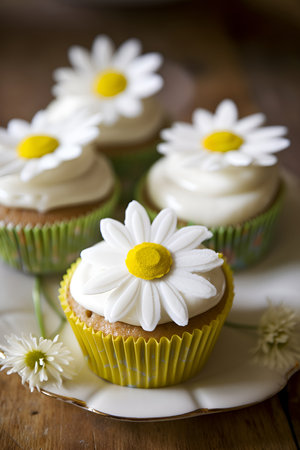 Vanilla cupcakes decorated with daisy flowers. Generative AI content.の素材