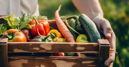Wooden box with vegetables in the hands of a farmer. Concept of bio products, bio ecology, grown by yourself, vegetarians. Generative AI content.の素材