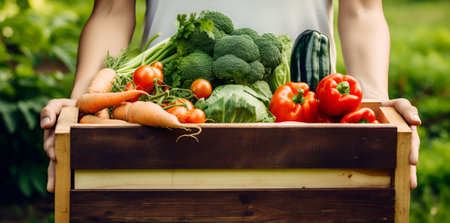 Farmer holding wooden box full of fresh raw vegetables. Basket with vegetable in the hands. Concept of bio products, bio ecology, grown by yourself, vegetarians. Generative AI content.の素材
