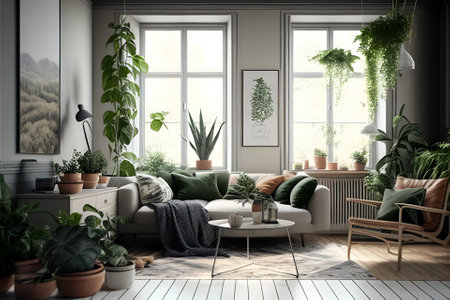 Cozy eco-friendly modern living room with green plants. Neutral living room. Generative AI content.の素材