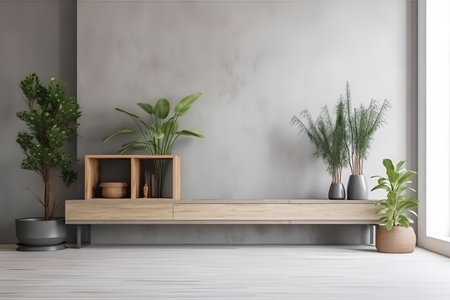 Cozy living room with green plants and mockup concrete wall. Generative AI content.の素材