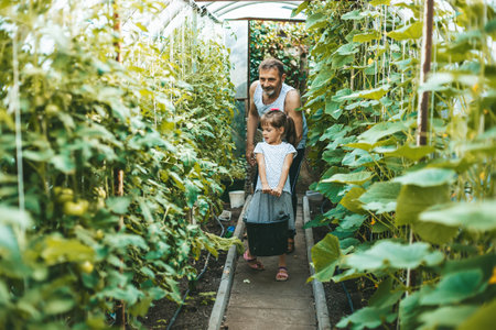 Little girl holding a bucket while helping her grandfather in a greenhouseの写真素材