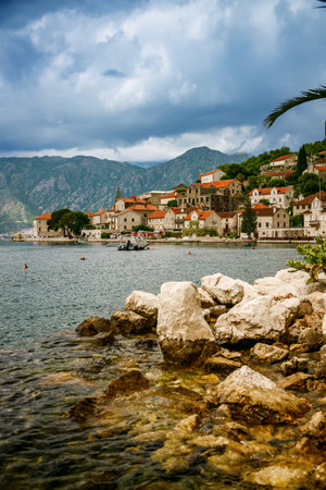 Beautiful view of idyllic Village of Perast, situated on the coast of Boka Kotor bay, Montenegroの写真素材
