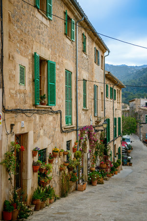 Cozy old street filled with flower pots in the charming village of Valldemossa, Mallorca, Spainの写真素材