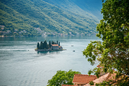 Beautiful view of a famous Our Lady of the Rocks island in the Bay of Kotor, Montenegroの写真素材