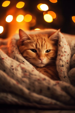 Cute red cat wrapped in a blanket, warming up on a cold autumn day. Generative AI content.の素材