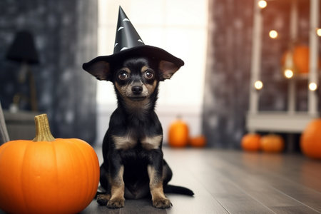 Adorable toy terrier wearing a witch hat for Halloween, sitting at home. Generative AI content.の素材