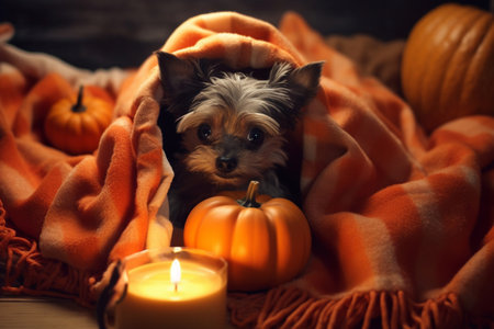 Cute small puppy of yorkshire terrier wrapped in a blanket among pumpkins and candles. Autumn and Halloween concept. Generative AI content.の素材