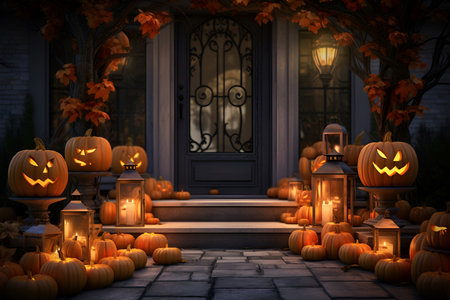An entrance to the house decorated with pumpkins and candles. Halloween decoration. Generative AI content.の素材