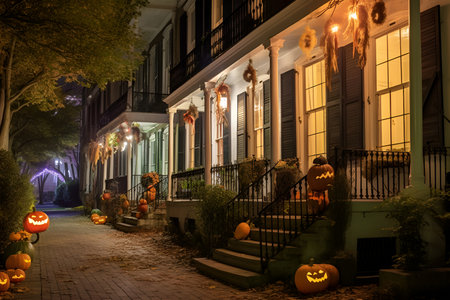 Traditional Halloween decorated small residential street. Generated AI content.の素材