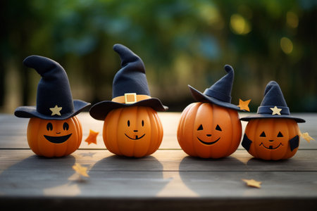 Cute Halloween smiling pumpkins in black wizard hats. Generated AI content.の素材