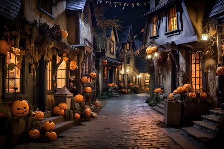 Night view of a spooky Halloween decorated street with old houses. Generated AI content.の素材