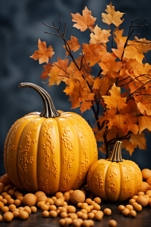 A monochromatic still life illustration of fall elements like pumpkins and leaves in a single color palette. Fall Vibes scene.の素材