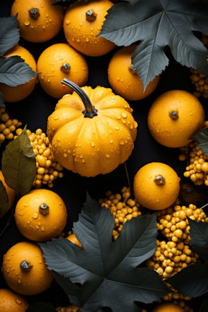 An illustration showcasing fall elements like pumpkins and sea buckthorn with dark leavesの素材