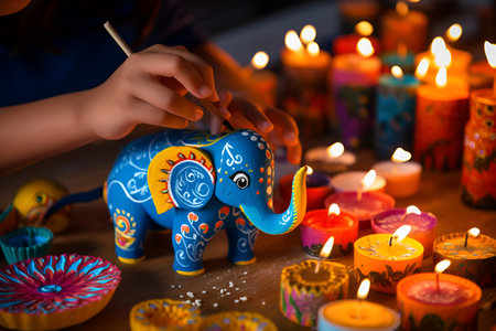 Child's hand carefully painting an elephant figurine, adding a personal touch to Diwali giftの素材