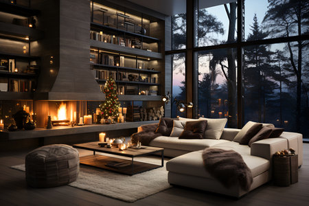 Cozy contemporary living room with big window, comfortable couch and a small Christmas tree near the fireplace, capturing the warmth of Christmasの素材