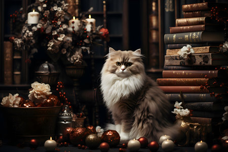 Beautiful furry cat at home with elegant Christmas elements and decorationの素材