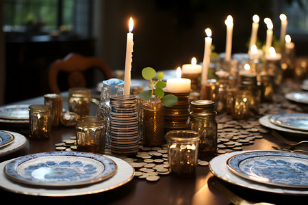 A beautifully decorated Hanukkah table with a menorah, gelt (chocolate coins) and festive blue and white decorationsの素材